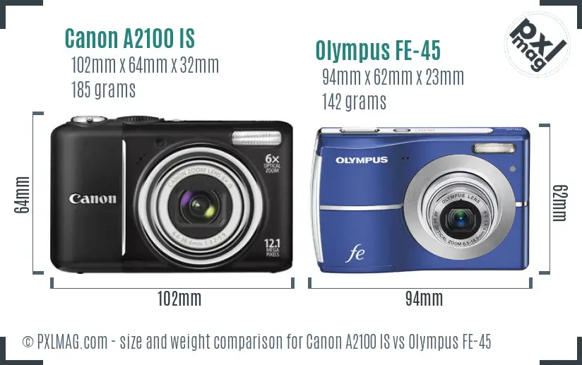 Canon A2100 IS vs Olympus FE-45 size comparison