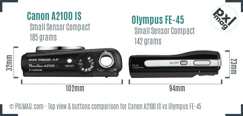 Canon A2100 IS vs Olympus FE-45 top view buttons comparison