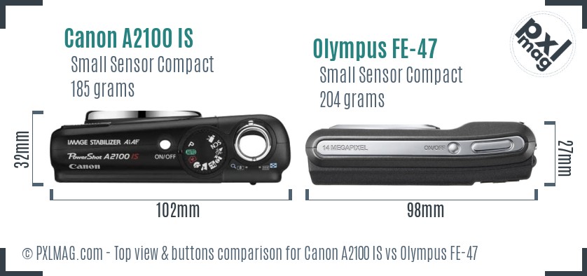 Canon A2100 IS vs Olympus FE-47 top view buttons comparison