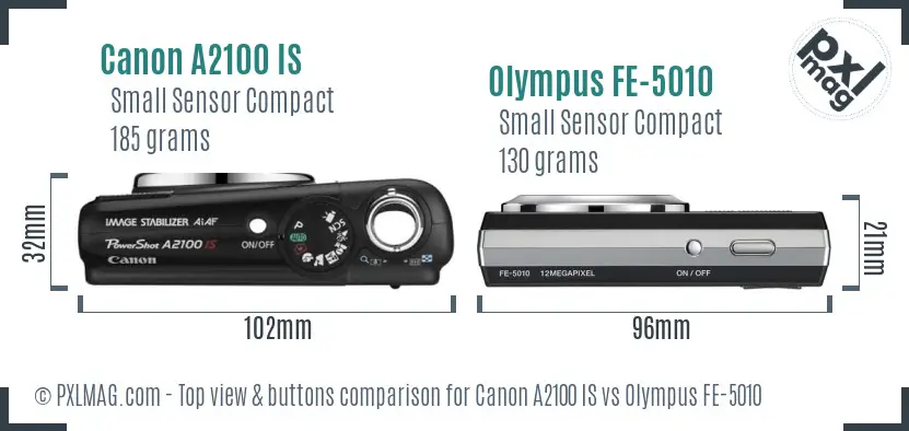 Canon A2100 IS vs Olympus FE-5010 top view buttons comparison