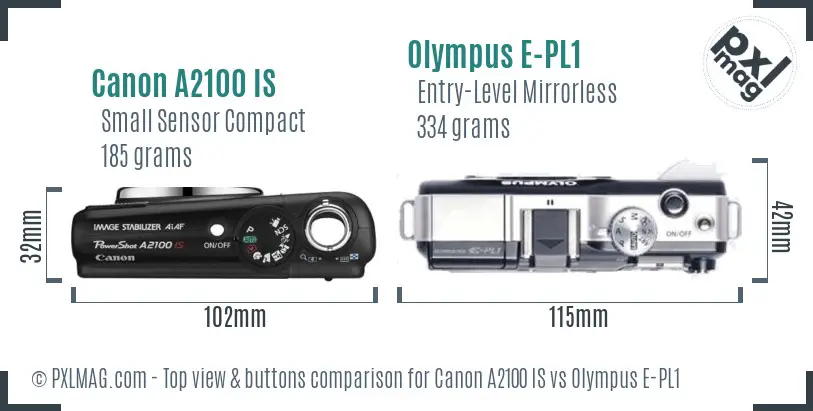 Canon A2100 IS vs Olympus E-PL1 top view buttons comparison Canon A2100 IS vs Olympus E-PL1 top view buttons comparison