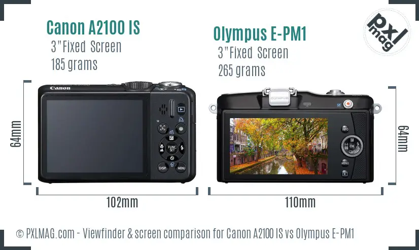 Canon A2100 IS vs Olympus E-PM1 Screen and Viewfinder comparison
