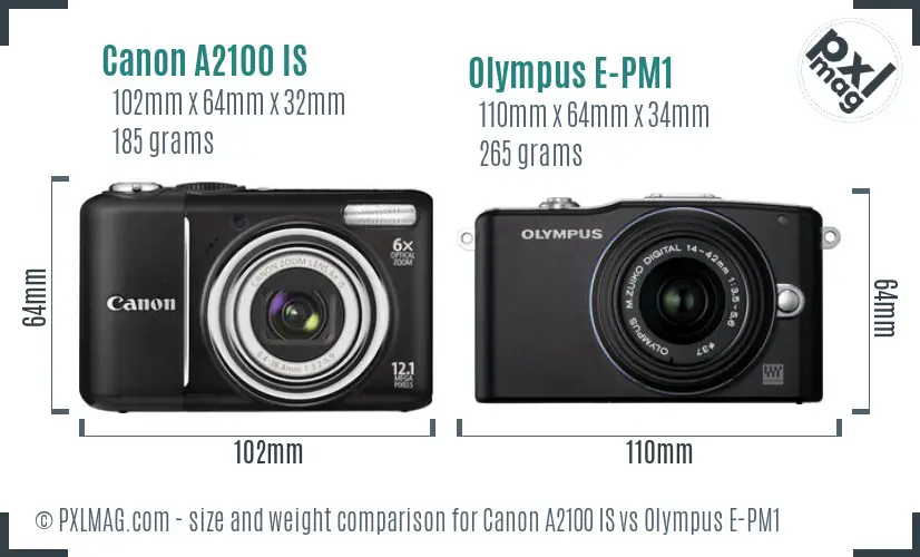 Canon A2100 IS vs Olympus E-PM1 size comparison