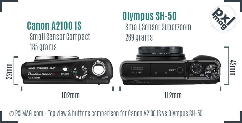 Canon A2100 IS vs Olympus SH-50 top view buttons comparison