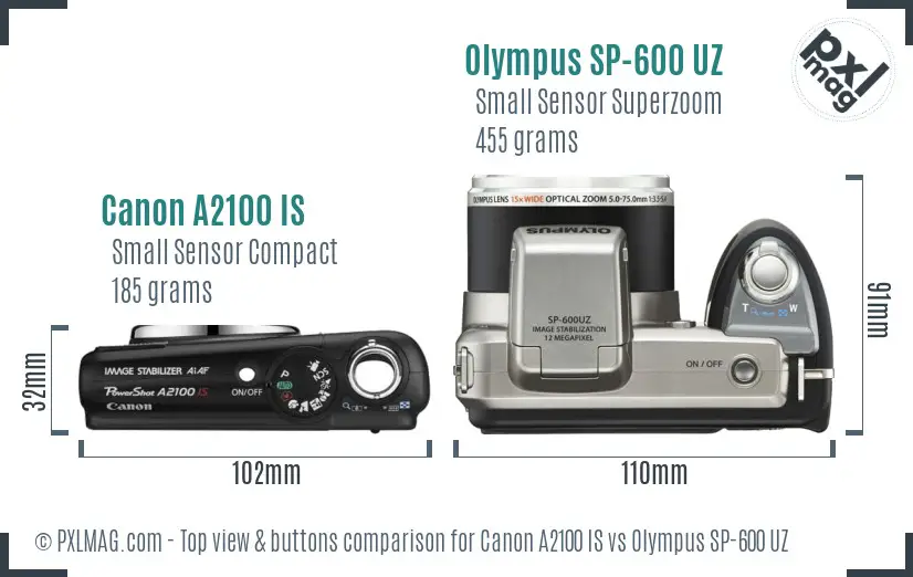 Canon A2100 IS vs Olympus SP-600 UZ top view buttons comparison Canon A2100 IS vs Olympus SP-600 UZ top view buttons comparison