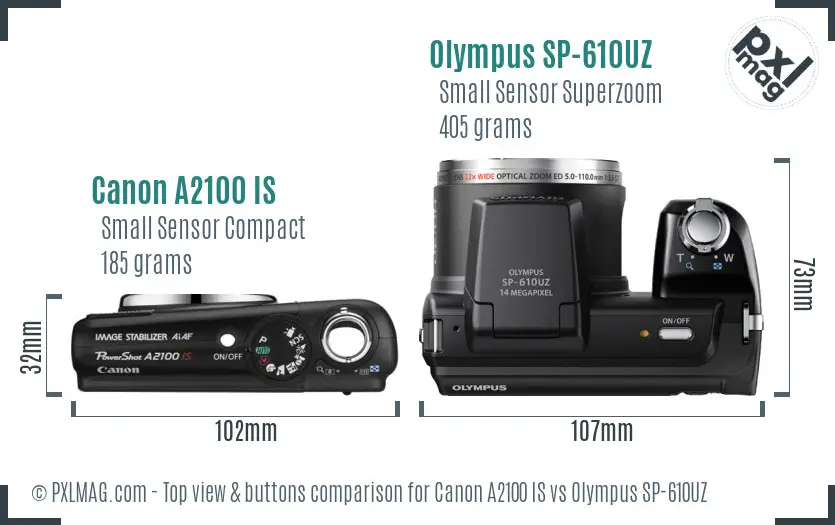 Canon A2100 IS vs Olympus SP-610UZ top view buttons comparison