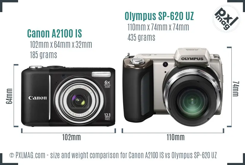 Canon A2100 IS vs Olympus SP-620 UZ size comparison Canon A2100 IS vs Olympus SP-620 UZ size comparison