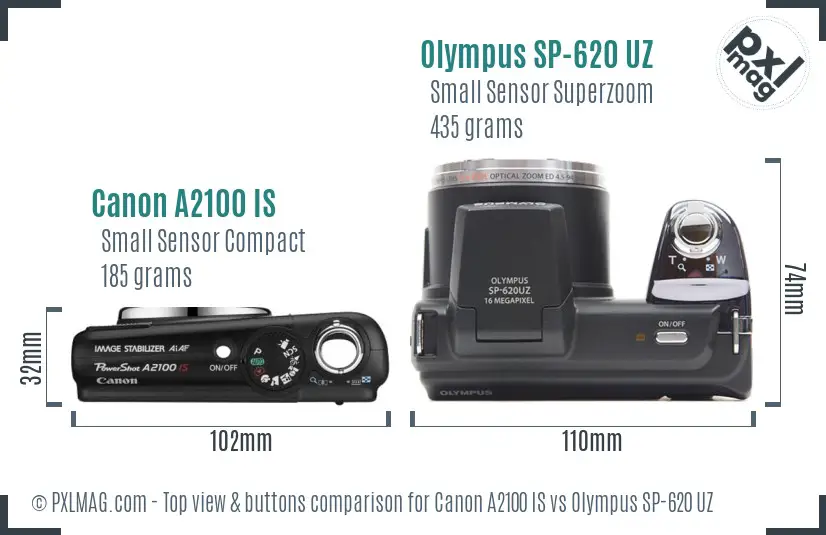 Canon A2100 IS vs Olympus SP-620 UZ top view buttons comparison Canon A2100 IS vs Olympus SP-620 UZ top view buttons comparison