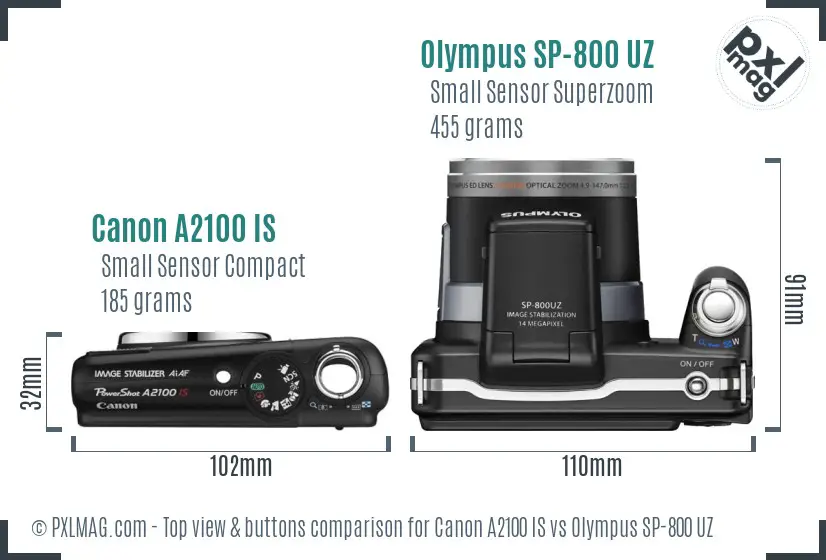 Canon A2100 IS vs Olympus SP-800 UZ top view buttons comparison