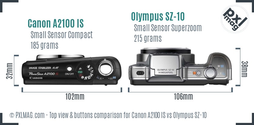Canon A2100 IS vs Olympus SZ-10 top view buttons comparison
