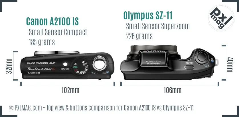 Canon A2100 IS vs Olympus SZ-11 top view buttons comparison