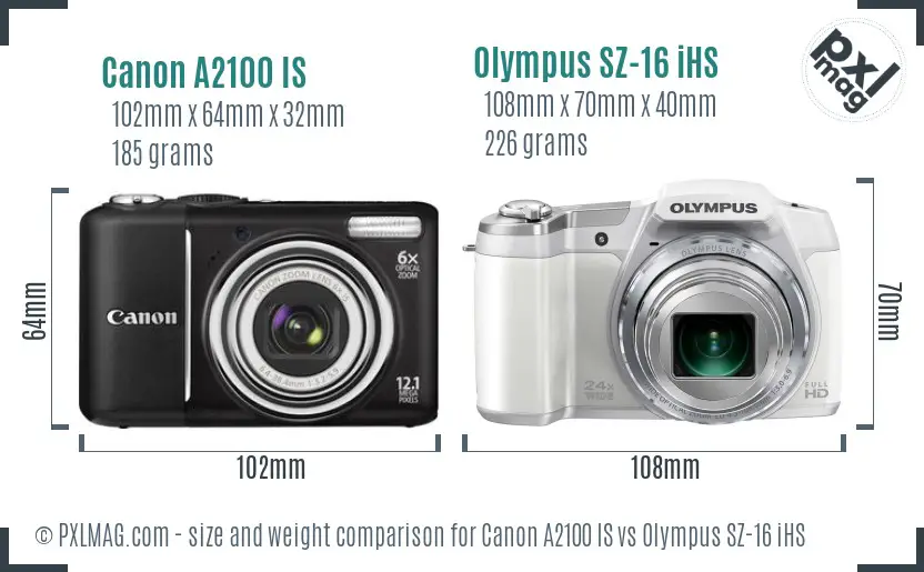Canon A2100 IS vs Olympus SZ-16 iHS size comparison Canon A2100 IS vs Olympus SZ-16 iHS size comparison