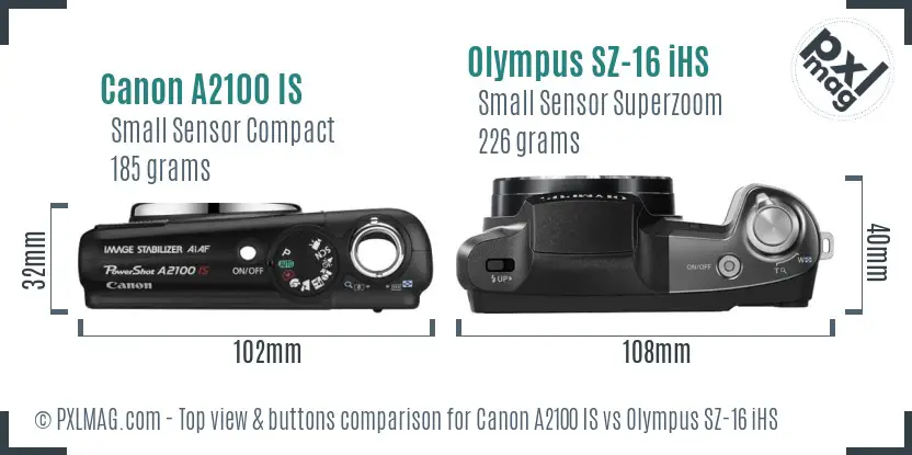 Canon A2100 IS vs Olympus SZ-16 iHS top view buttons comparison Canon A2100 IS vs Olympus SZ-16 iHS top view buttons comparison