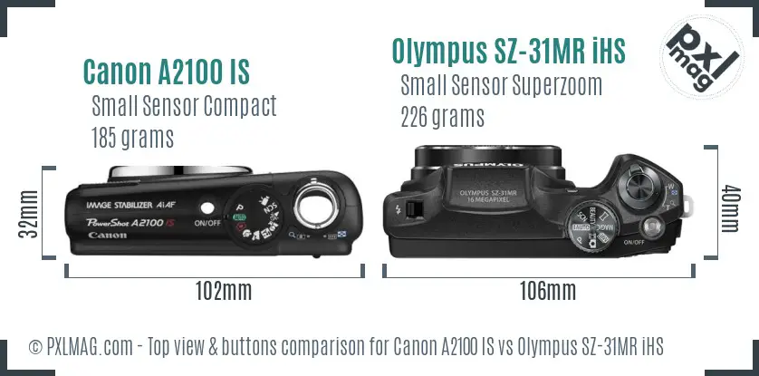 Canon A2100 IS vs Olympus SZ-31MR iHS top view buttons comparison