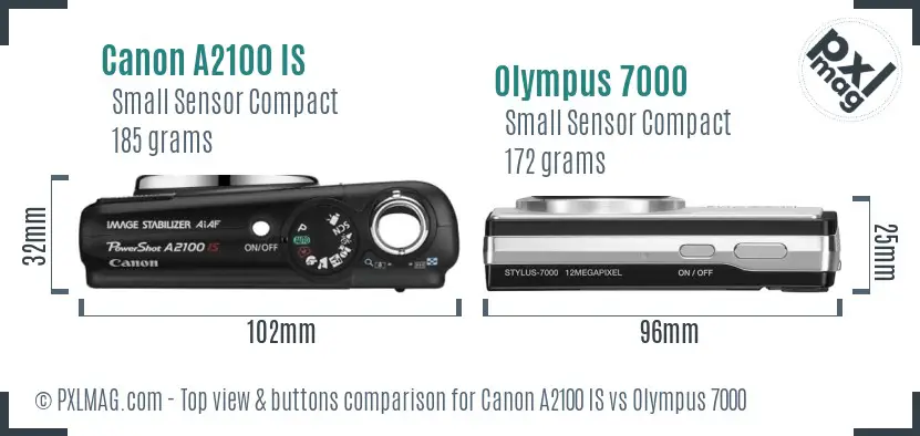 Canon A2100 IS vs Olympus 7000 top view buttons comparison Canon A2100 IS vs Olympus 7000 top view buttons comparison