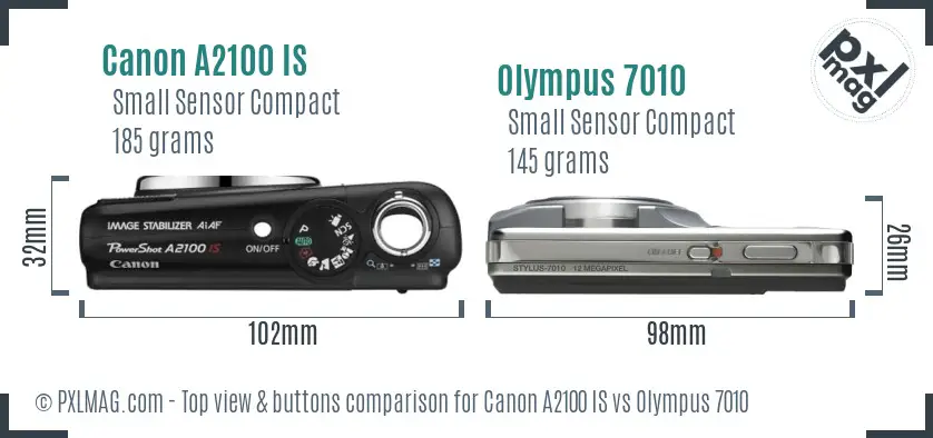 Canon A2100 IS vs Olympus 7010 top view buttons comparison Canon A2100 IS vs Olympus 7010 top view buttons comparison