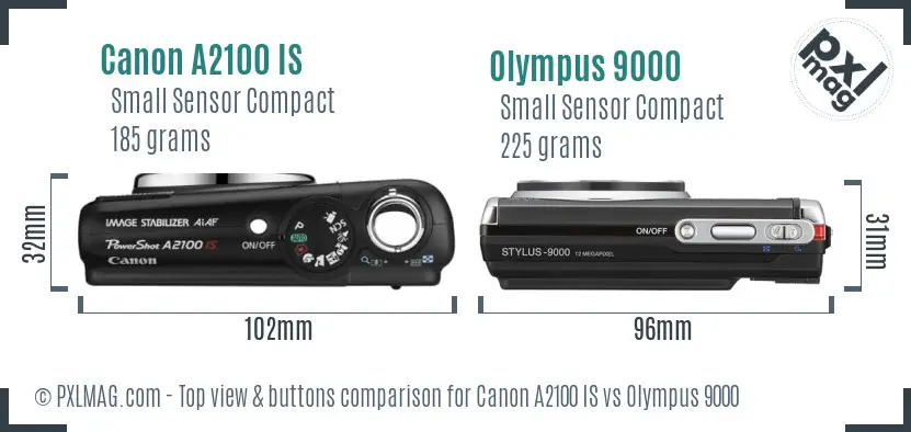 Canon A2100 IS vs Olympus 9000 top view buttons comparison