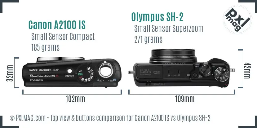Canon A2100 IS vs Olympus SH-2 top view buttons comparison