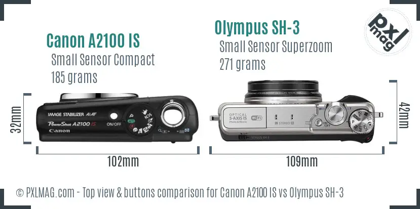 Canon A2100 IS vs Olympus SH-3 top view buttons comparison