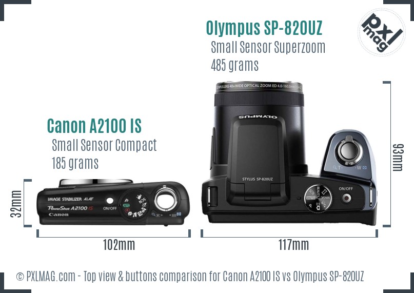 Canon A2100 IS vs Olympus SP-820UZ top view buttons comparison