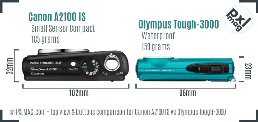 Canon A2100 IS vs Olympus Tough-3000 top view buttons comparison