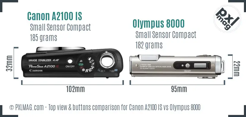 Canon A2100 IS vs Olympus 8000 top view buttons comparison