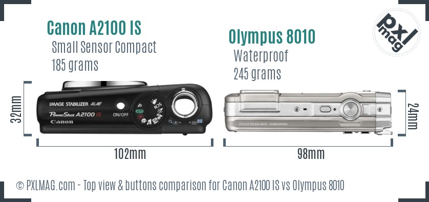 Canon A2100 IS vs Olympus 8010 top view buttons comparison