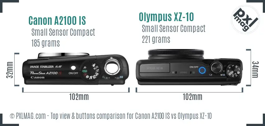Canon A2100 IS vs Olympus XZ-10 top view buttons comparison