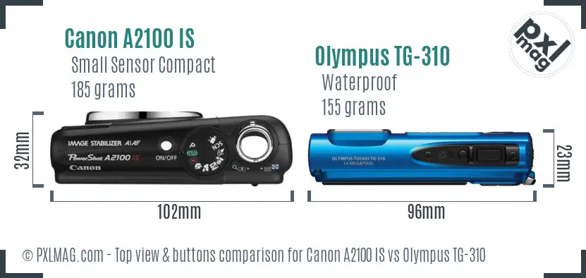 Canon A2100 IS vs Olympus TG-310 top view buttons comparison