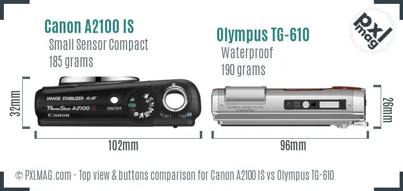 Canon A2100 IS vs Olympus TG-610 top view buttons comparison Canon A2100 IS vs Olympus TG-610 top view buttons comparison