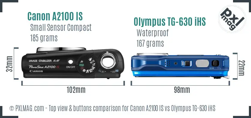 Canon A2100 IS vs Olympus TG-630 iHS top view buttons comparison