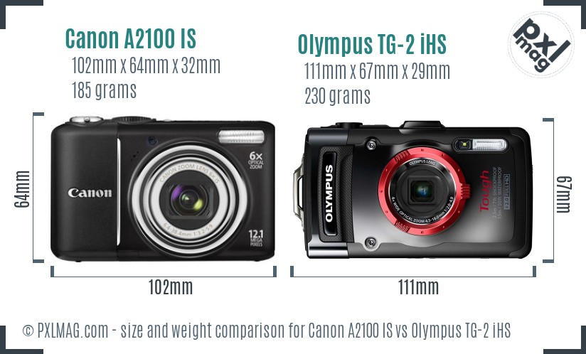 Canon A2100 IS vs Olympus TG-2 iHS size comparison Canon A2100 IS vs Olympus TG-2 iHS size comparison