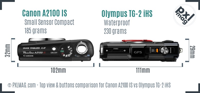 Canon A2100 IS vs Olympus TG-2 iHS top view buttons comparison