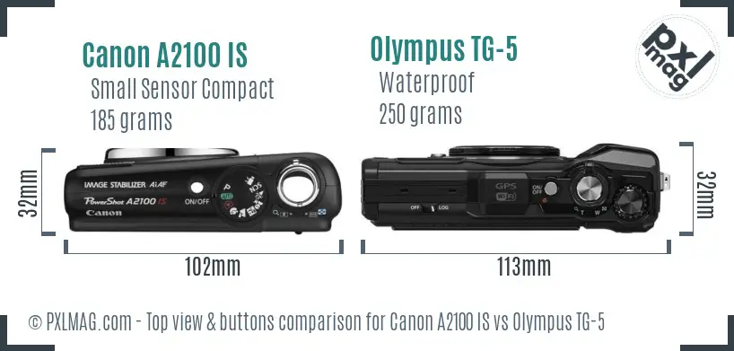 Canon A2100 IS vs Olympus TG-5 top view buttons comparison Canon A2100 IS vs Olympus TG-5 top view buttons comparison