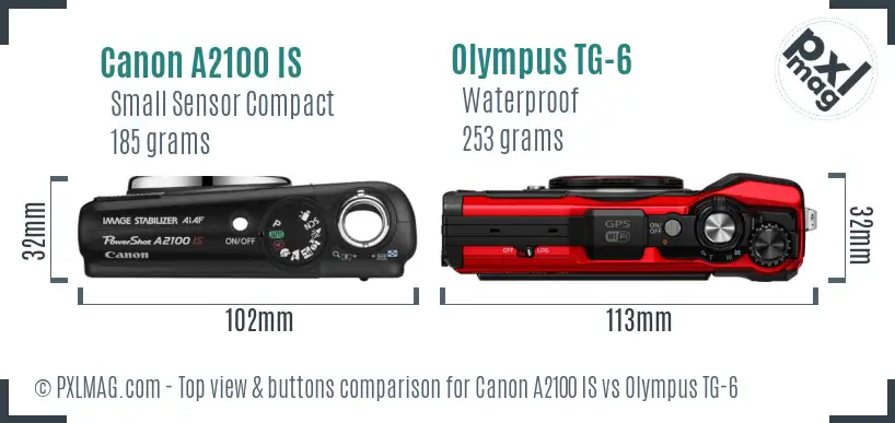 Canon A2100 IS vs Olympus TG-6 top view buttons comparison Canon A2100 IS vs Olympus TG-6 top view buttons comparison