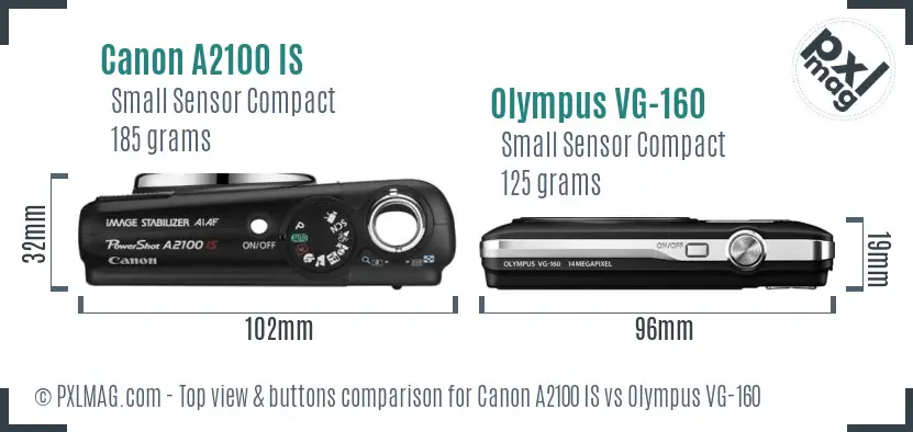 Canon A2100 IS vs Olympus VG-160 top view buttons comparison Canon A2100 IS vs Olympus VG-160 top view buttons comparison