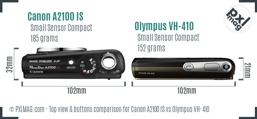 Canon A2100 IS vs Olympus VH-410 top view buttons comparison