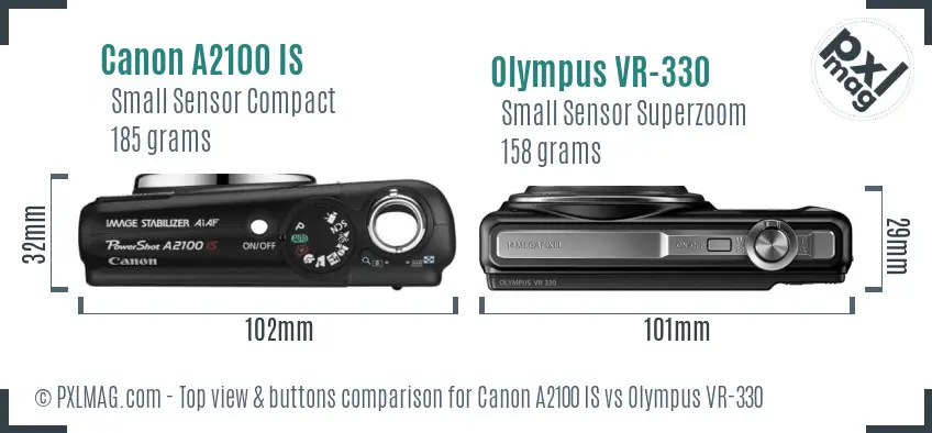 Canon A2100 IS vs Olympus VR-330 top view buttons comparison
