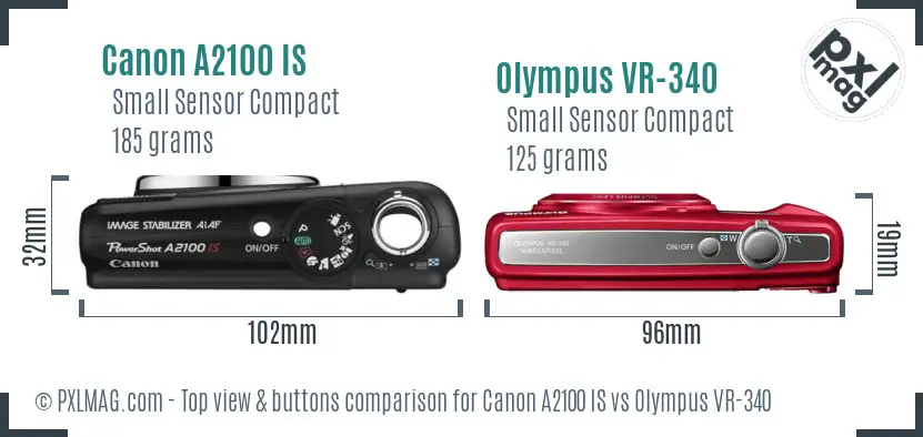 Canon A2100 IS vs Olympus VR-340 top view buttons comparison