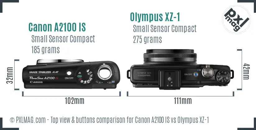 Canon A2100 IS vs Olympus XZ-1 top view buttons comparison