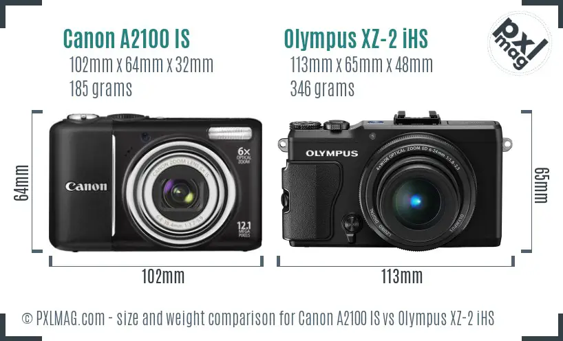 Canon A2100 IS vs Olympus XZ-2 iHS size comparison