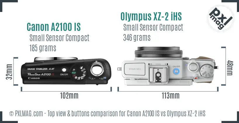 Canon A2100 IS vs Olympus XZ-2 iHS top view buttons comparison