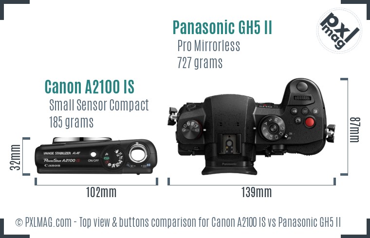 Canon A2100 IS vs Panasonic GH5 II top view buttons comparison
