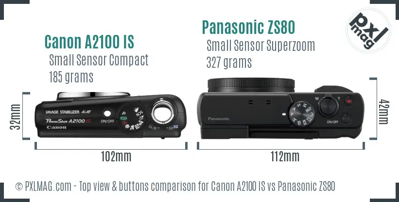 Canon A2100 IS vs Panasonic ZS80 top view buttons comparison
