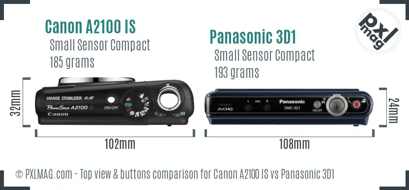 Canon A2100 IS vs Panasonic 3D1 top view buttons comparison