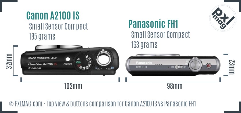 Canon A2100 IS vs Panasonic FH1 top view buttons comparison