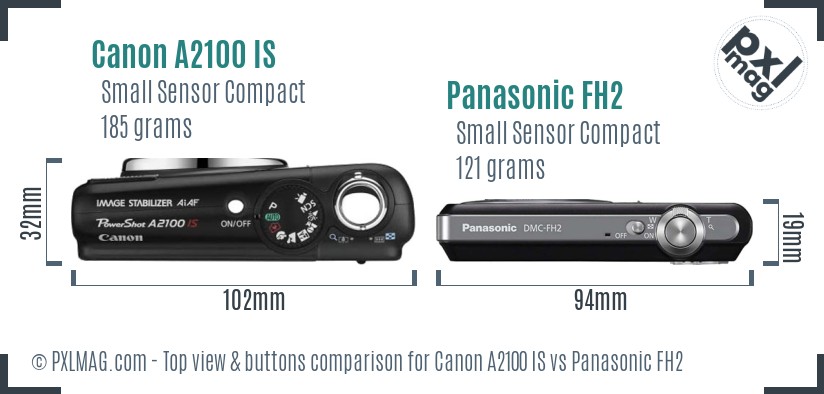 Canon A2100 IS vs Panasonic FH2 top view buttons comparison