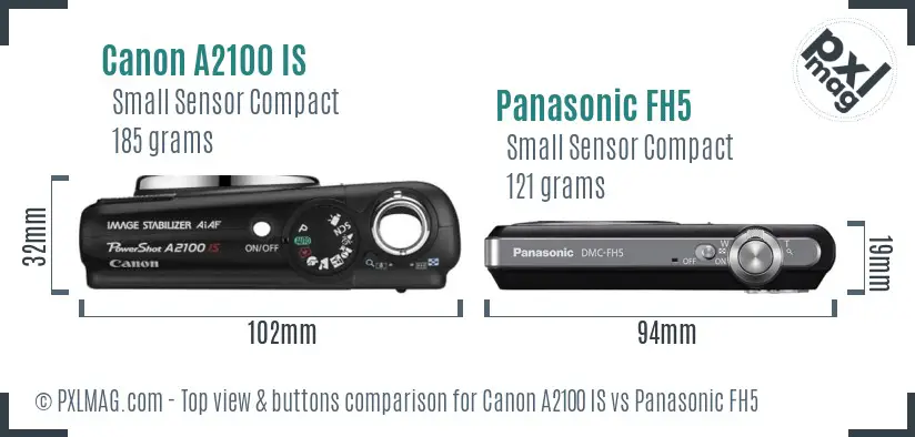 Canon A2100 IS vs Panasonic FH5 top view buttons comparison