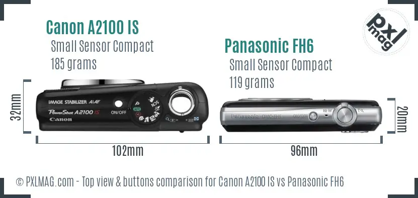 Canon A2100 IS vs Panasonic FH6 top view buttons comparison