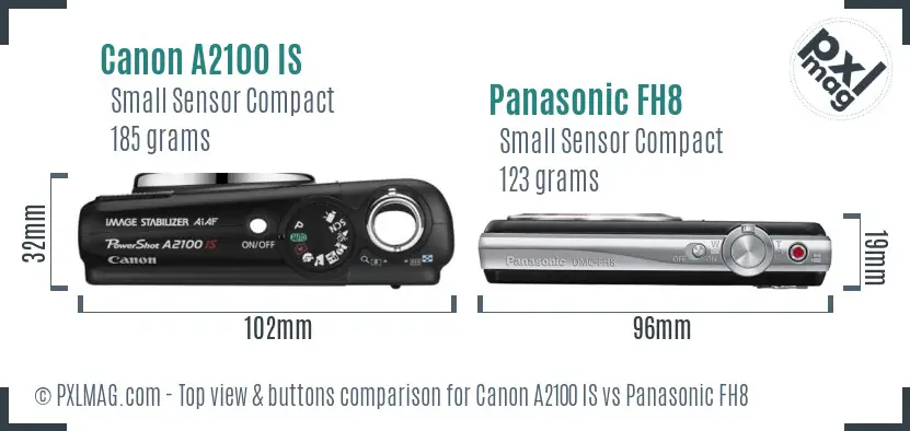 Canon A2100 IS vs Panasonic FH8 top view buttons comparison Canon A2100 IS vs Panasonic FH8 top view buttons comparison